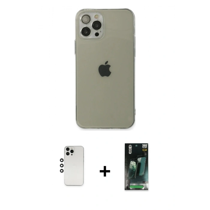 MARSİLYAN™- iPhone 12 Pro Kılıf Ahenk Doku - Siyah 360 Mat Full Body Arka Koruyucu + Shine Kamera Lens - GS