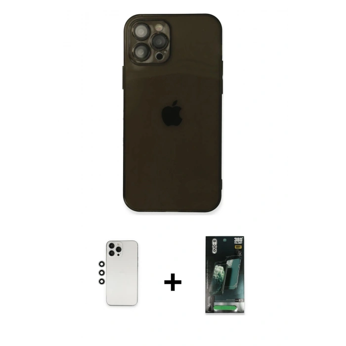 MARSİLYAN™- iPhone 12 Pro Kılıf Ahenk Doku - Siyah 360 Mat Full Body Arka Koruyucu + Shine Kamera Lens - GS