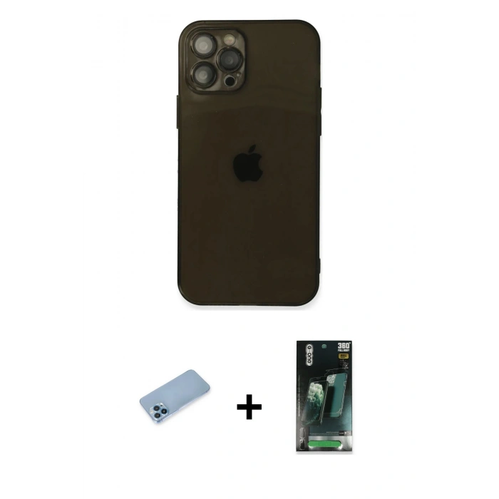 MARSİLYAN™- iPhone 12 Pro Kılıf Ahenk Doku - Siyah 360 Mat Full Body Arka Koruyucu + Mavi Shine Kamera Lens Koruma Cam