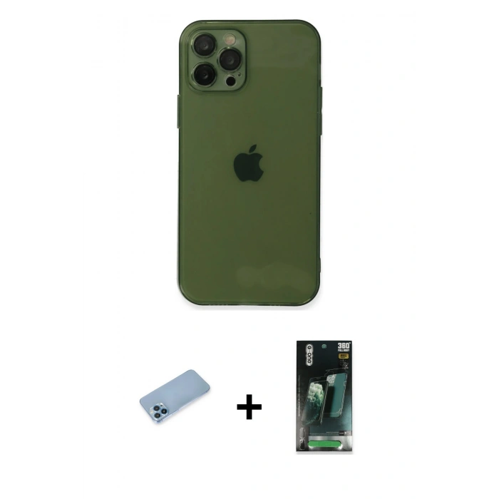MARSİLYAN™- iPhone 12 Pro Kılıf Ahenk Doku - Siyah 360 Mat Full Body Arka Koruyucu + Mavi Shine Kamera Lens Koruma Cam