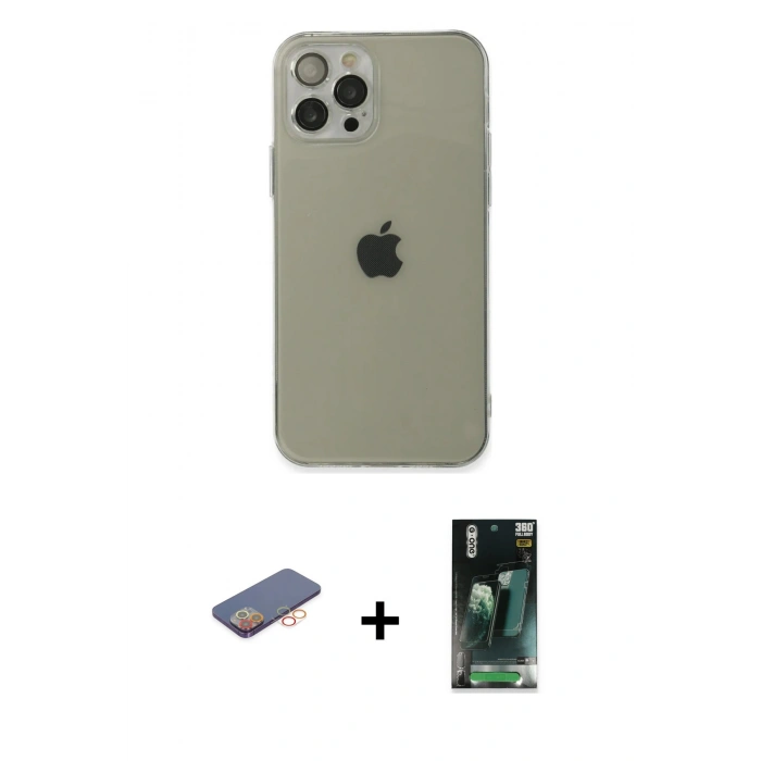 MARSİLYAN™- iPhone 12 Pro Kılıf Ahenk Doku - Siyah 360 Mat Full Body Arka Koruyucu + Renkli Kamera Lens Koruma Cam - TU