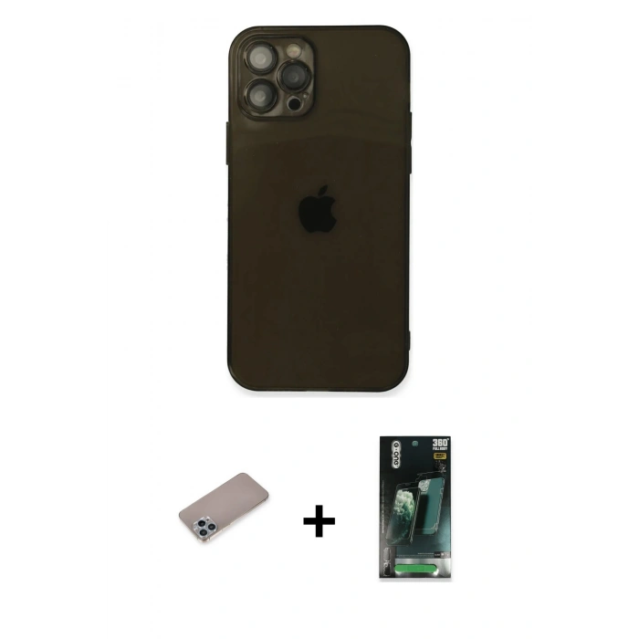MARSİLYAN™- iPhone 12 Pro Kılıf Ahenk Doku - Siyah 360 Mat Full Body Arka Koruyucu + Shine Kamera Lens Koruma Cam - SABE