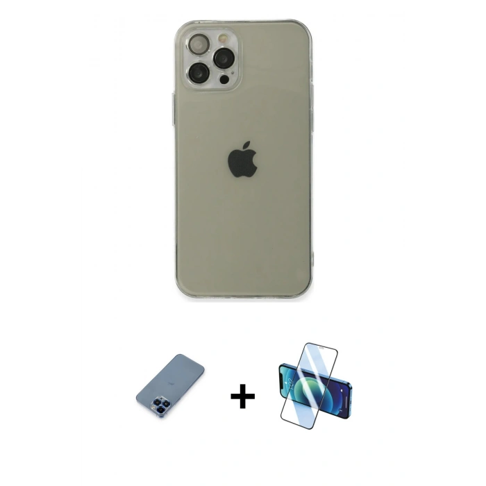 MARSİLYAN™- iPhone 12 Pro Kılıf Ahenk Doku - Siyah 3D Antistatik Cam Ekran Koruyucu + Metal Kamera Lens Koruma Cam - MI