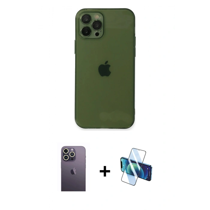 MARSİLYAN™- iPhone 12 Pro Kılıf Ahenk Doku - Siyah 3D Antistatik Cam Ekran Koruyucu + Neon Fosforlu Kamera Lens - BZ