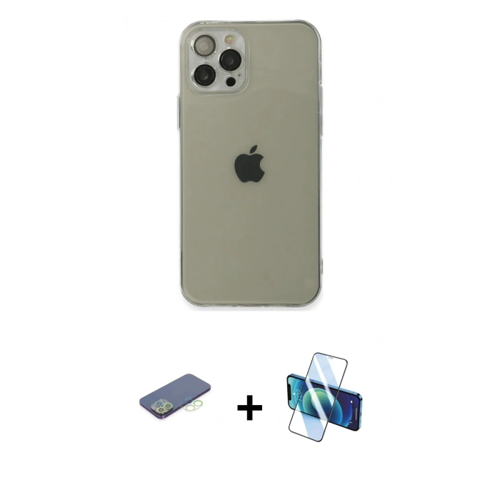 MARSİLYAN™- iPhone 12 Pro Kılıf Ahenk Doku - Siyah 3D Antistatik Cam Ekran Koruyucu + Renkli Kamera Lens Koruma Cam - YL