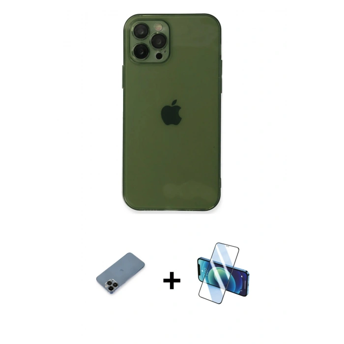 MARSİLYAN™- iPhone 12 Pro Kılıf Ahenk Doku - Siyah 3D Antistatik Cam Ekran Koruyucu + Shine Kamera Lens Koruma Cam - SH