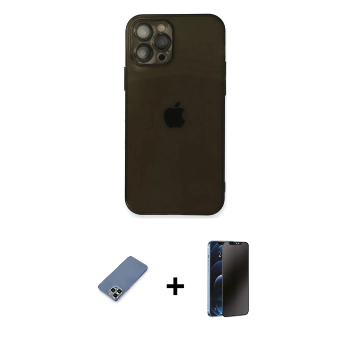 MARSİLYAN™- iPhone 12 Pro Kılıf Ahenk Doku - Siyah 3D Antistatik Hayalet Cam Ekran Koruyucu + Metal Kamera Lens Koruma Cam - AKYL