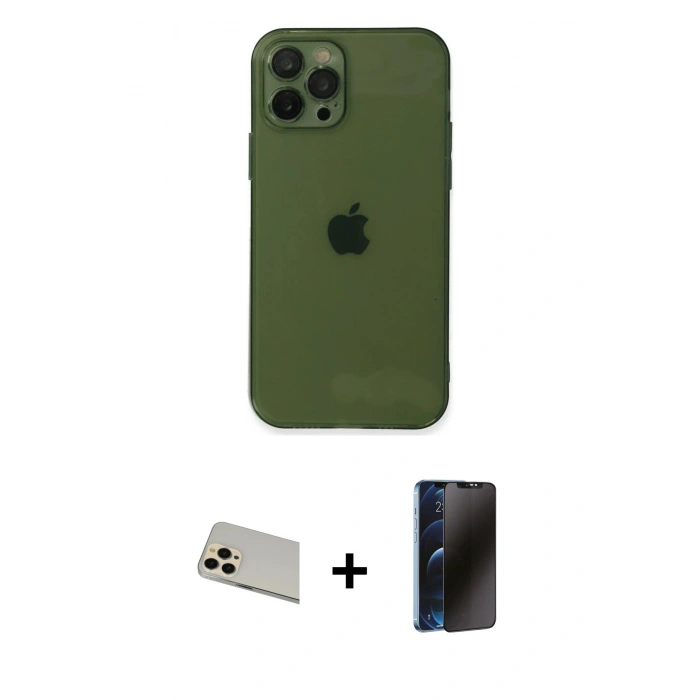 MARSİLYAN™- iPhone 12 Pro Kılıf Ahenk Doku - Siyah 3D Antistatik Hayalet Cam Ekran Koruyucu + Rainbow Kamera Lens Koruma Cam - GD