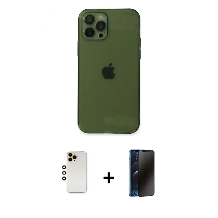MARSİLYAN™- iPhone 12 Pro Kılıf Ahenk Doku - Siyah 3D Antistatik Hayalet Cam Ekran Koruyucu + Shine Kamera Lens - GD
