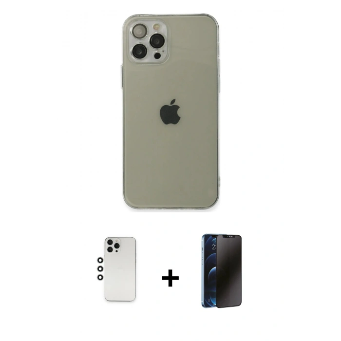 MARSİLYAN™- iPhone 12 Pro Kılıf Ahenk Doku - Siyah 3D Antistatik Hayalet Cam Ekran Koruyucu + Gümüş Shine Kamera Lens