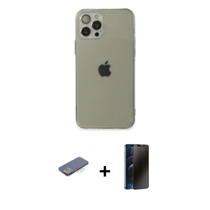 MARSİLYAN™- iPhone 12 Pro Kılıf Ahenk Doku - Siyah 3D Antistatik Hayalet Cam Ekran Koruyucu + Renkli Kamera Lens Koruma Cam - MI