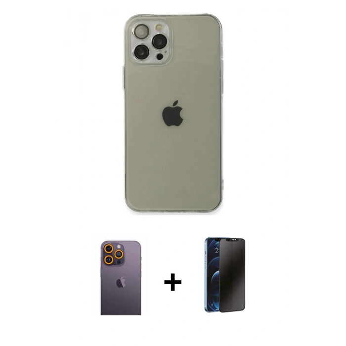 MARSİLYAN™- iPhone 12 Pro Kılıf Ahenk Doku - Siyah 3D Antistatik Hayalet Cam Ekran Koruyucu + Neon Fosforlu Kamera Lens - SI