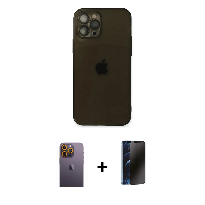 MARSİLYAN™- iPhone 12 Pro Kılıf Ahenk Doku - Siyah 3D Antistatik Hayalet Cam Ekran Koruyucu + Neon Fosforlu Kamera Lens - SI