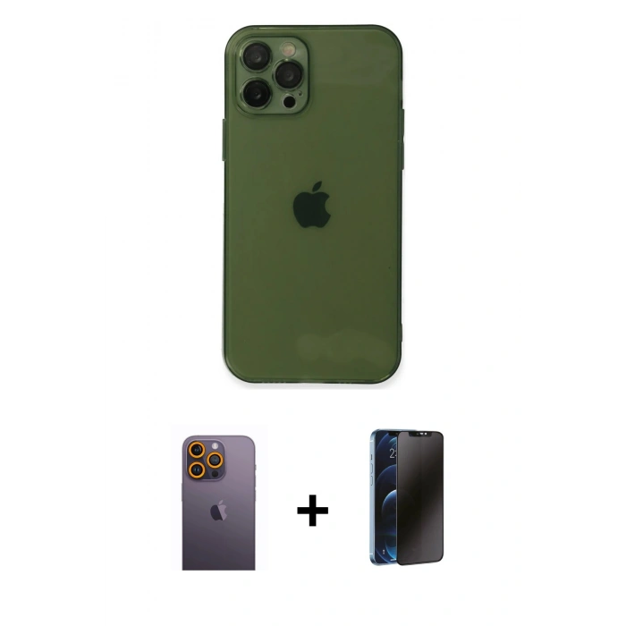 MARSİLYAN™- iPhone 12 Pro Kılıf Ahenk Doku - Siyah 3D Antistatik Hayalet Cam Ekran Koruyucu + Neon Fosforlu Kamera Lens - SI