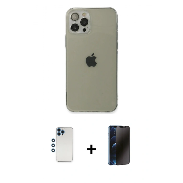MARSİLYAN™- iPhone 12 Pro Kılıf Ahenk Doku - Siyah 3D Antistatik Hayalet Cam Ekran Koruyucu + Shine Kamera Lens - MI