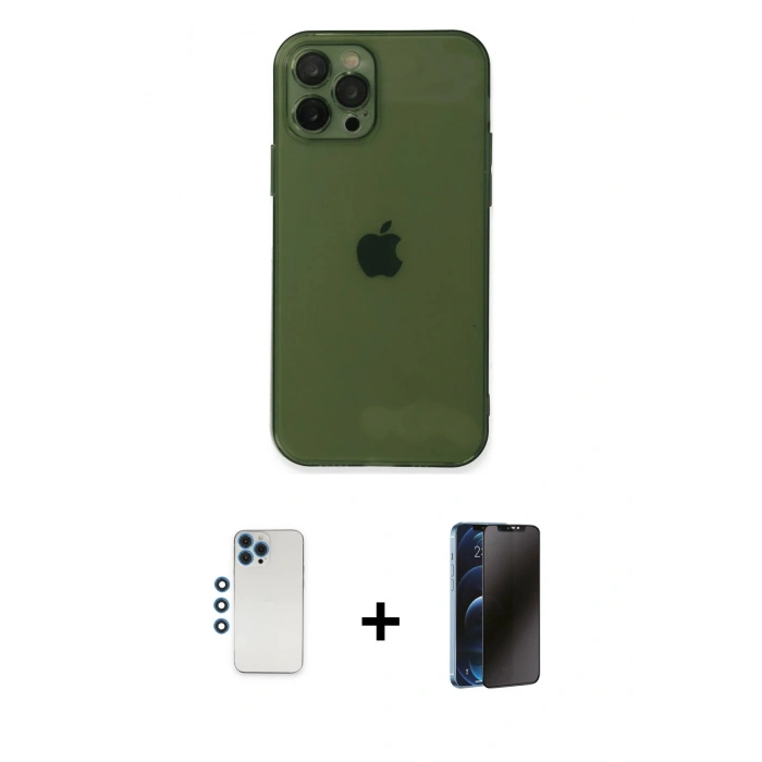 MARSİLYAN™- iPhone 12 Pro Kılıf Ahenk Doku - Siyah 3D Antistatik Hayalet Cam Ekran Koruyucu + Shine Kamera Lens - MI