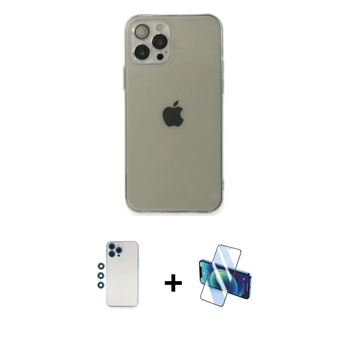 MARSİLYAN™- iPhone 12 Pro Kılıf Ahenk Doku - Siyah 3D Antistatik Seramik Nano Ekran Koruyucu + Shine Kamera Lens - MI