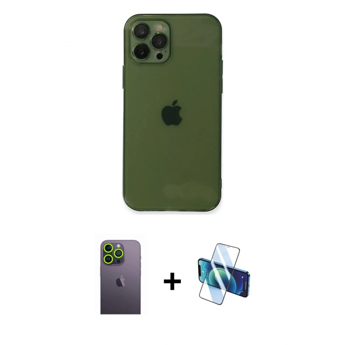 MARSİLYAN™- iPhone 12 Pro Kılıf Ahenk Doku - Siyah 3D Antistatik Seramik Nano Ekran Koruyucu + Neon Fosforlu Kamera Lens - YL