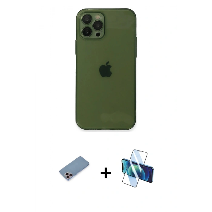 MARSİLYAN™- iPhone 12 Pro Kılıf Ahenk Doku - Siyah 3D Antistatik Seramik Nano Ekran Koruyucu + Shine Kamera Lens Koruma Cam - PE