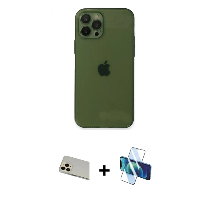 MARSİLYAN™- iPhone 12 Pro Kılıf Ahenk Doku - Siyah 3D Antistatik Seramik Nano Ekran Koruyucu + Rainbow Kamera Lens Koruma Cam - GD