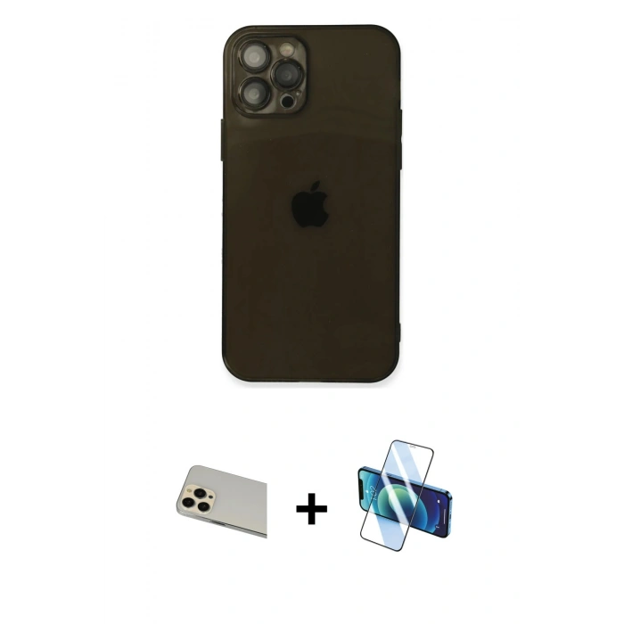 MARSİLYAN™- iPhone 12 Pro Kılıf Ahenk Doku - Siyah 3D Antistatik Seramik Nano Ekran Koruyucu + Rainbow Kamera Lens Koruma Cam - GD