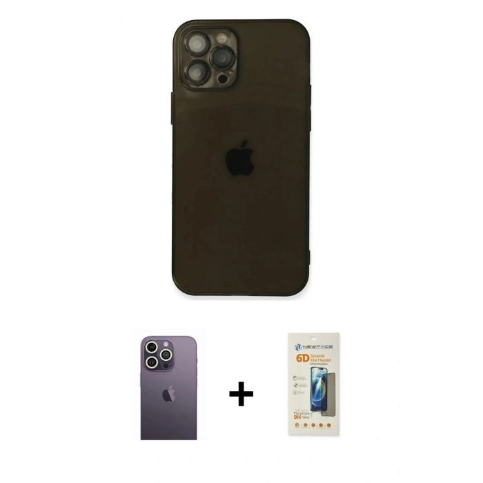 MARSİLYAN™- iPhone 12 Pro Kılıf Ahenk Doku - Siyah 6D Mat Seramik Hayalet Nano Ekran Koruyucu + Neon Fosforlu Kamera Lens - BZ