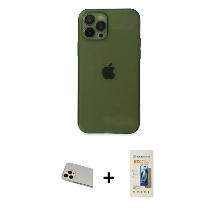 MARSİLYAN™- iPhone 12 Pro Kılıf Ahenk Doku - Siyah 6D Mat Seramik Hayalet Nano Ekran Koruyucu + Rainbow Kamera Lens Koruma Cam - GD