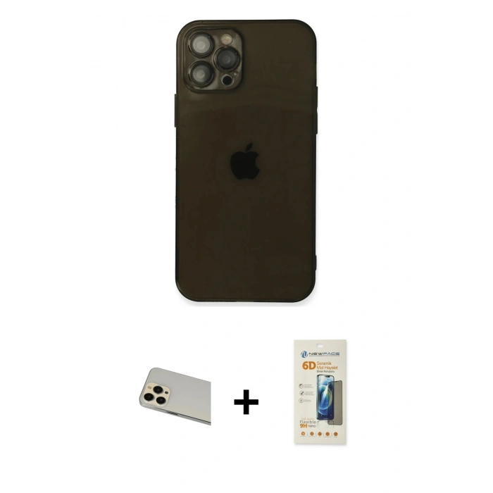 MARSİLYAN™- iPhone 12 Pro Kılıf Ahenk Doku - Siyah 6D Mat Seramik Hayalet Nano Ekran Koruyucu + Rainbow Kamera Lens Koruma Cam - GD