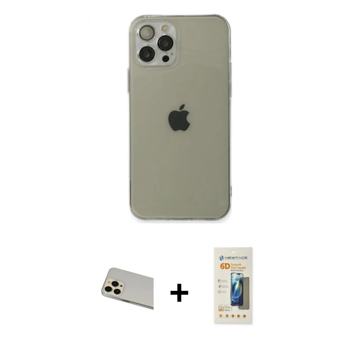 MARSİLYAN™- iPhone 12 Pro Kılıf Ahenk Doku - Siyah 6D Mat Seramik Hayalet Nano Ekran Koruyucu + Rainbow Kamera Lens Koruma Cam - GD