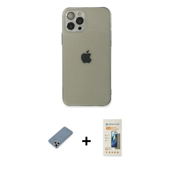 MARSİLYAN™- iPhone 12 Pro Kılıf Ahenk Doku - Siyah 6D Mat Seramik Hayalet Nano Ekran Koruyucu + Metal Kamera Lens Koruma Cam - GS