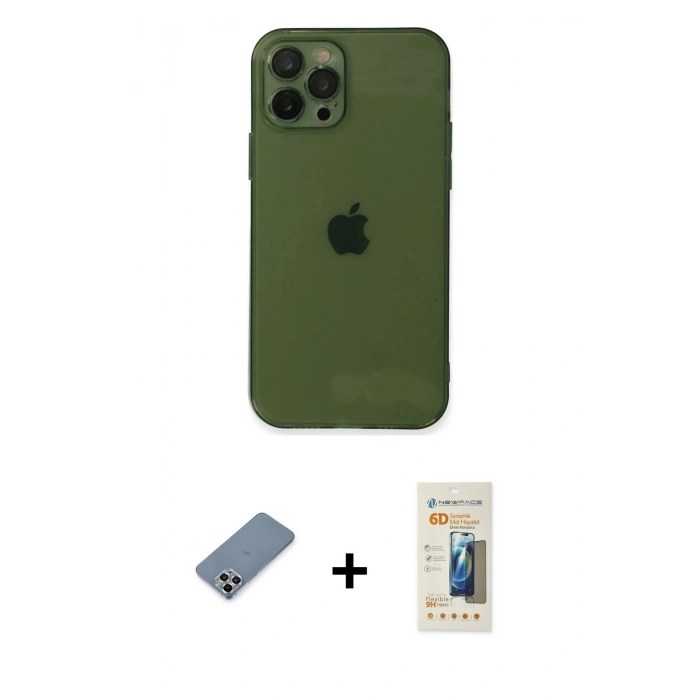 MARSİLYAN™- iPhone 12 Pro Kılıf Ahenk Doku - Siyah 6D Mat Seramik Hayalet Nano Ekran Koruyucu + Metal Kamera Lens Koruma Cam - GS