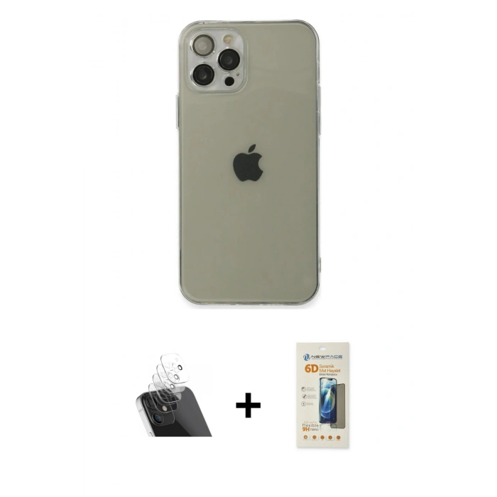 MARSİLYAN™- iPhone 12 Pro Kılıf Ahenk Doku - Siyah 6D Mat Seramik Hayalet Nano Ekran Koruyucu + Kamera Lens Koruma Cam - SF
