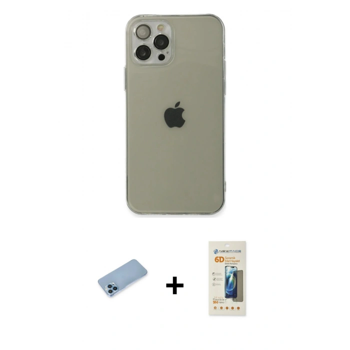 MARSİLYAN™- iPhone 12 Pro Kılıf Ahenk Doku - Siyah 6D Mat Seramik Hayalet Nano Ekran Koruyucu + Shine Kamera Lens Koruma Cam - MI