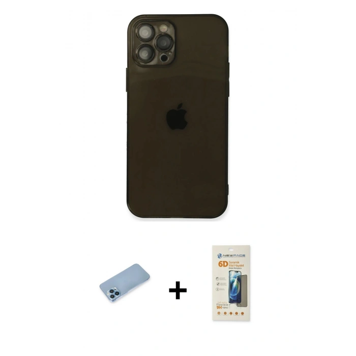 MARSİLYAN™- iPhone 12 Pro Kılıf Ahenk Doku - Siyah 6D Mat Seramik Hayalet Nano Ekran Koruyucu + Shine Kamera Lens Koruma Cam - MI