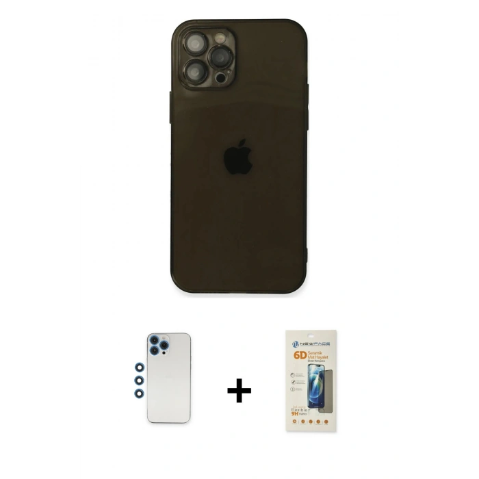 MARSİLYAN™- iPhone 12 Pro Kılıf Ahenk Doku - Siyah 6D Mat Seramik Hayalet Nano Ekran Koruyucu + Shine Kamera Lens - MI