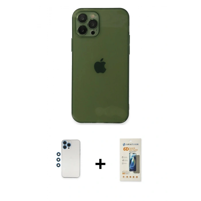 MARSİLYAN™- iPhone 12 Pro Kılıf Ahenk Doku - Siyah 6D Mat Seramik Hayalet Nano Ekran Koruyucu + Shine Kamera Lens - MI
