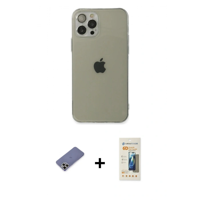 MARSİLYAN™- iPhone 12 Pro Kılıf Ahenk Doku - Siyah 6D Mat Seramik Hayalet Nano Ekran Koruyucu + Metal Kamera Lens Koruma Cam - GD