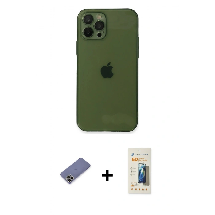 MARSİLYAN™- iPhone 12 Pro Kılıf Ahenk Doku - Siyah 6D Mat Seramik Hayalet Nano Ekran Koruyucu + Metal Kamera Lens Koruma Cam - GD