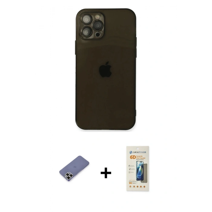 MARSİLYAN™- iPhone 12 Pro Kılıf Ahenk Doku - Siyah 6D Mat Seramik Hayalet Nano Ekran Koruyucu + Metal Kamera Lens Koruma Cam - GD
