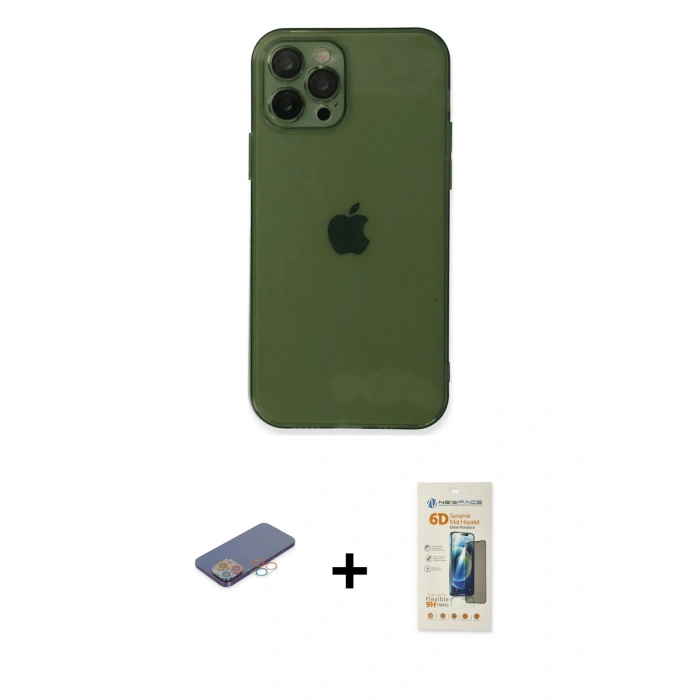 MARSİLYAN™- iPhone 12 Pro Kılıf Ahenk Doku - Siyah 6D Mat Seramik Hayalet Nano Ekran Koruyucu + Renkli Kamera Lens Koruma Cam - PE