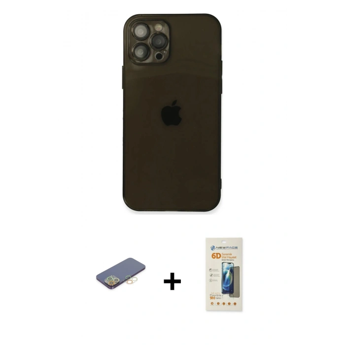 MARSİLYAN™- iPhone 12 Pro Kılıf Ahenk Doku - Siyah 6D Mat Seramik Hayalet Nano Ekran Koruyucu + Renkli Kamera Lens Koruma Cam - SI