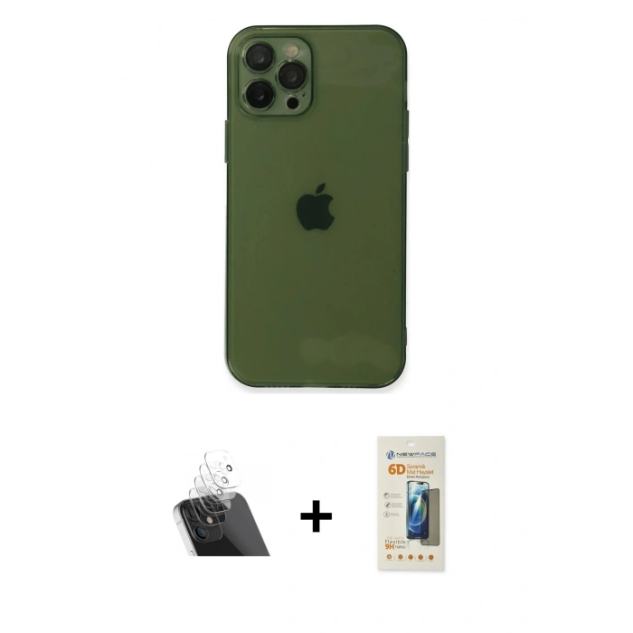 MARSİLYAN™- iPhone 12 Pro Kılıf Ahenk Doku - Siyah 6D Mat Seramik Hayalet Nano Ekran Koruyucu + Kamera Lens Koruma Cam - SF