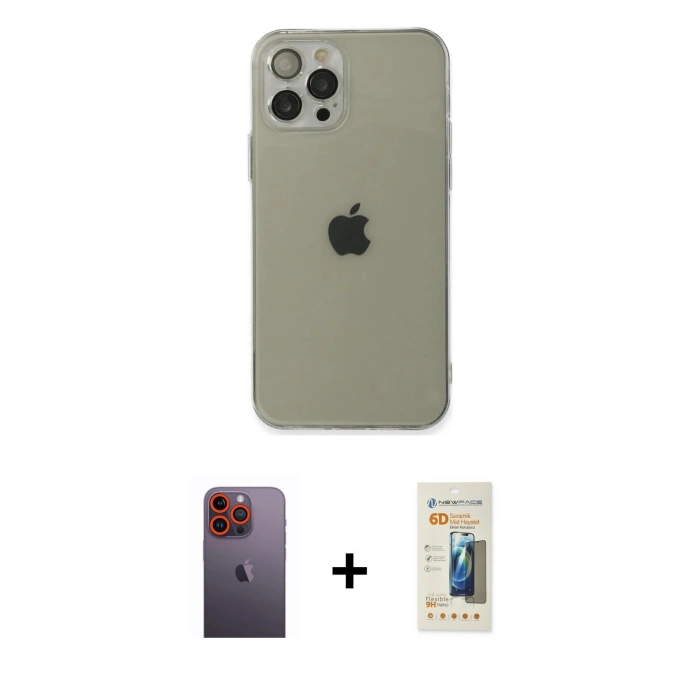 MARSİLYAN™- iPhone 12 Pro Kılıf Ahenk Doku - Siyah 6D Mat Seramik Hayalet Nano Ekran Koruyucu + Neon Fosforlu Kamera Lens - TU