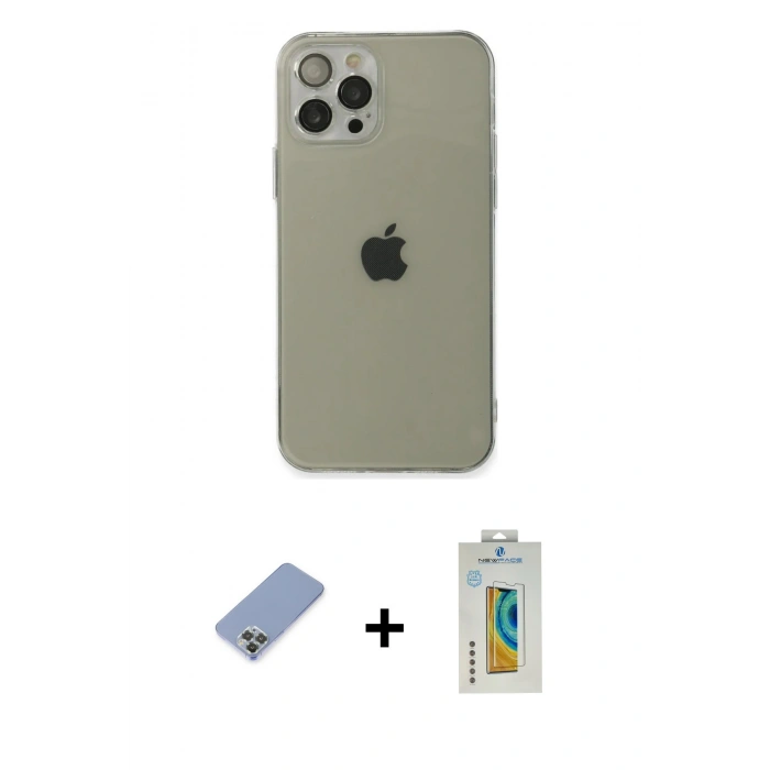 MARSİLYAN™- iPhone 12 Pro Kılıf Ahenk Doku - Siyah Polymer Nano Ekran Koruyucu + Metal Kamera Lens Koruma Cam - KUYL