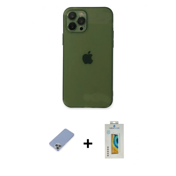 MARSİLYAN™- iPhone 12 Pro Kılıf Ahenk Doku - Siyah Polymer Nano Ekran Koruyucu + Metal Kamera Lens Koruma Cam - KUYL