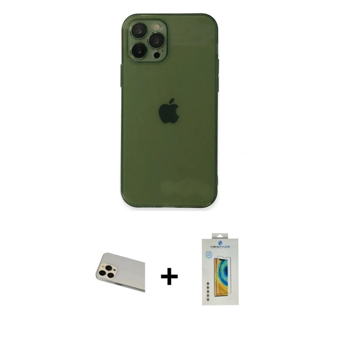 MARSİLYAN™- iPhone 12 Pro Kılıf Ahenk Doku - Siyah Polymer Nano Ekran Koruyucu + Rainbow Kamera Lens Koruma Cam - GD