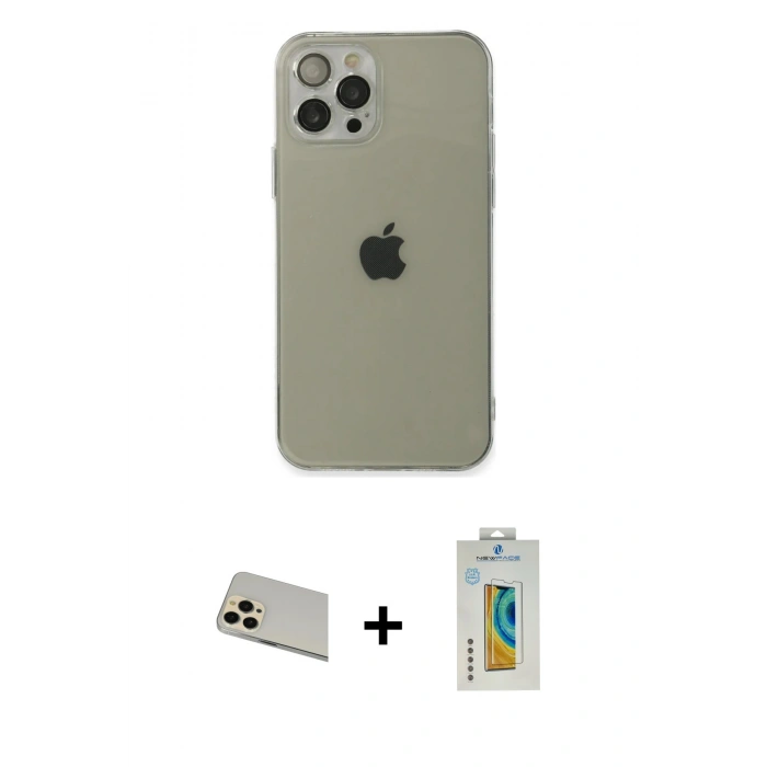 MARSİLYAN™- iPhone 12 Pro Kılıf Ahenk Doku - Siyah Polymer Nano Ekran Koruyucu + Rainbow Kamera Lens Koruma Cam - GD