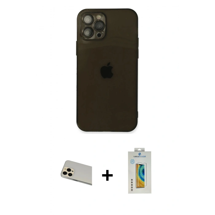 MARSİLYAN™- iPhone 12 Pro Kılıf Ahenk Doku - Siyah Polymer Nano Ekran Koruyucu + Rainbow Kamera Lens Koruma Cam - GD