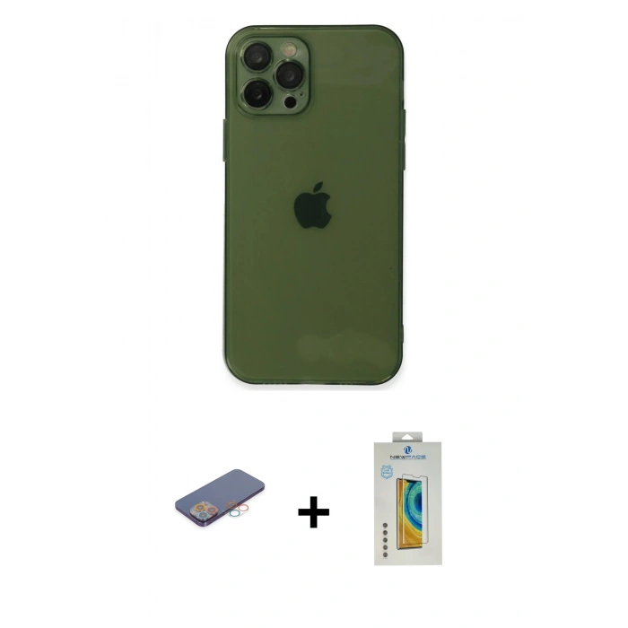 MARSİLYAN™- iPhone 12 Pro Kılıf Ahenk Doku - Siyah Polymer Nano Ekran Koruyucu + Renkli Kamera Lens Koruma Cam - PE