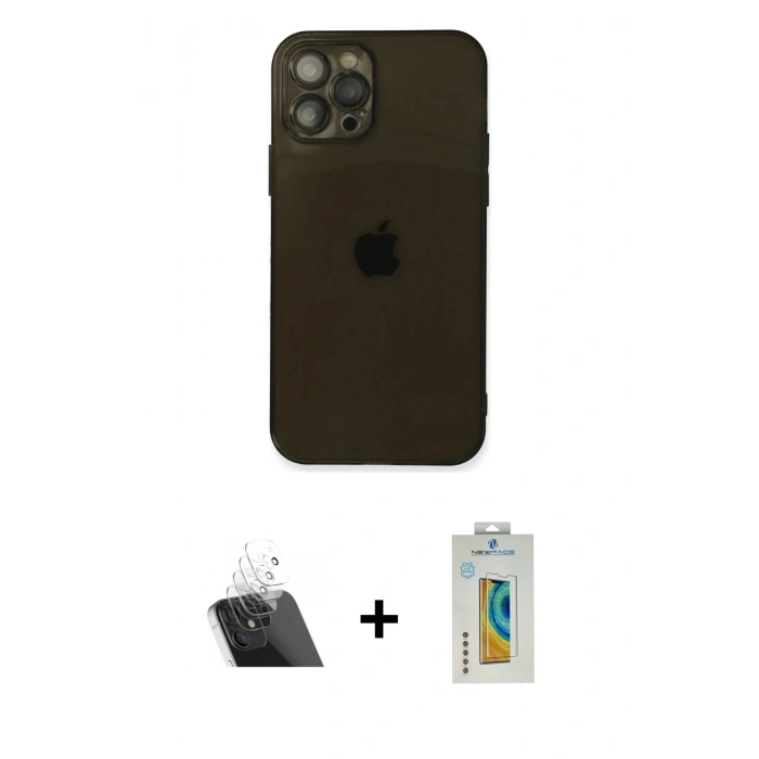 MARSİLYAN™- iPhone 12 Pro Kılıf Ahenk Doku - Siyah Polymer Nano Ekran Koruyucu + Kamera Lens Koruma Cam - SF